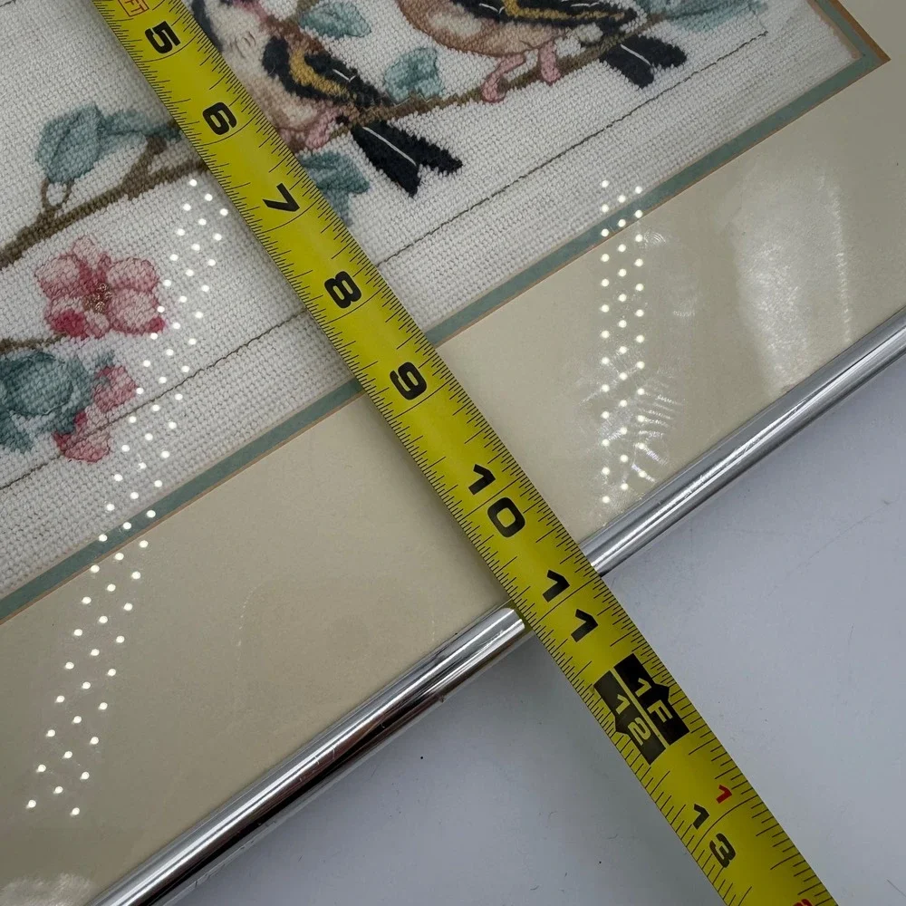 Vintage Goldfinch Bird Needlepoint Art Framed Cottagecore Wall Decor 1987